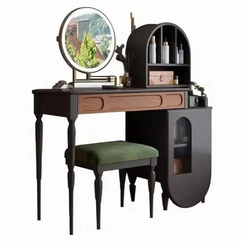 Beauty Makeup Vanity Set - Meja Rias Organizer Hitam dengan Laci,